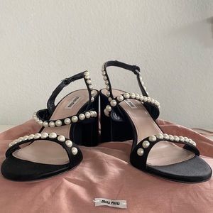 New Miu Miu Faux Pearl-embellished Satin Sandals